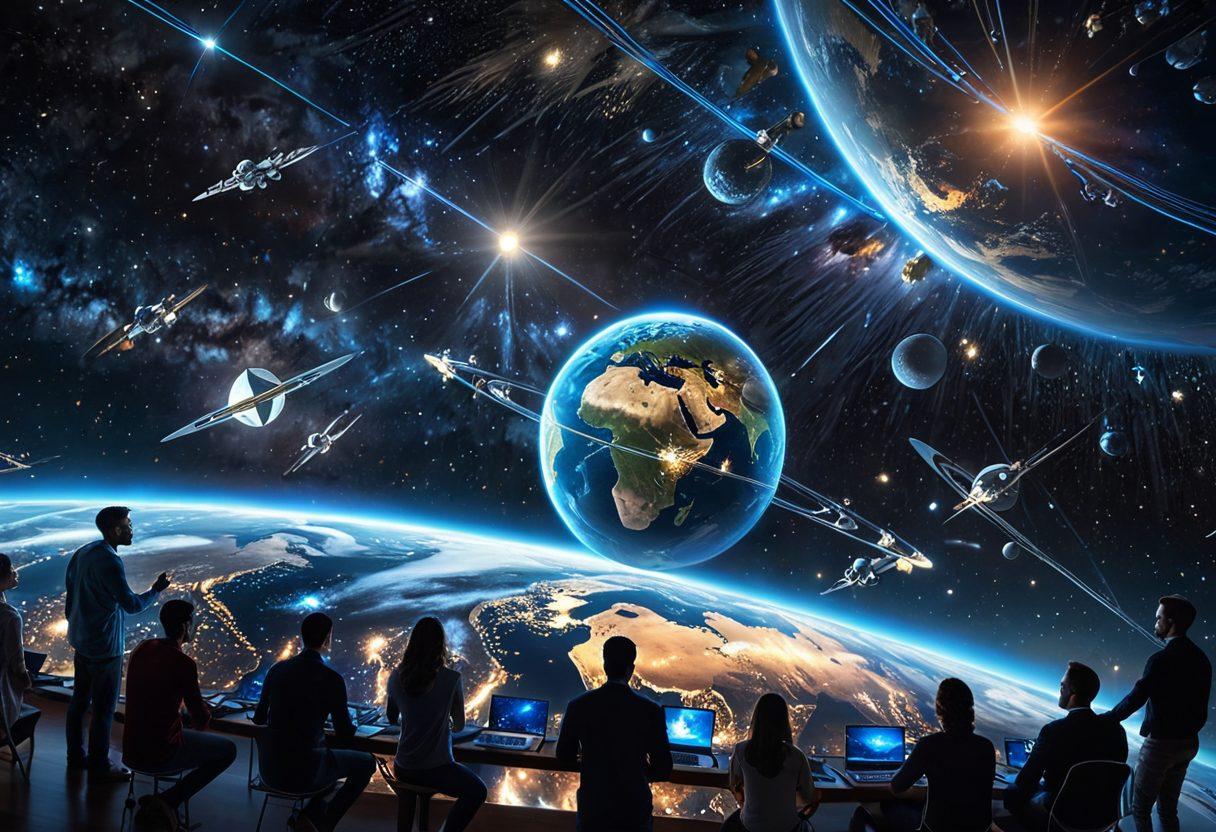 A futuristic illustration of satellites orbiting around a glowing Earth, interconnected with beams of light representing broadband signals. Include diverse people from different cultures using technology to connect via satellite communications, showcasing unity and innovation. The background features a starry night sky, emphasizing the cosmic theme. super-realistic. vibrant colors. 3D.
