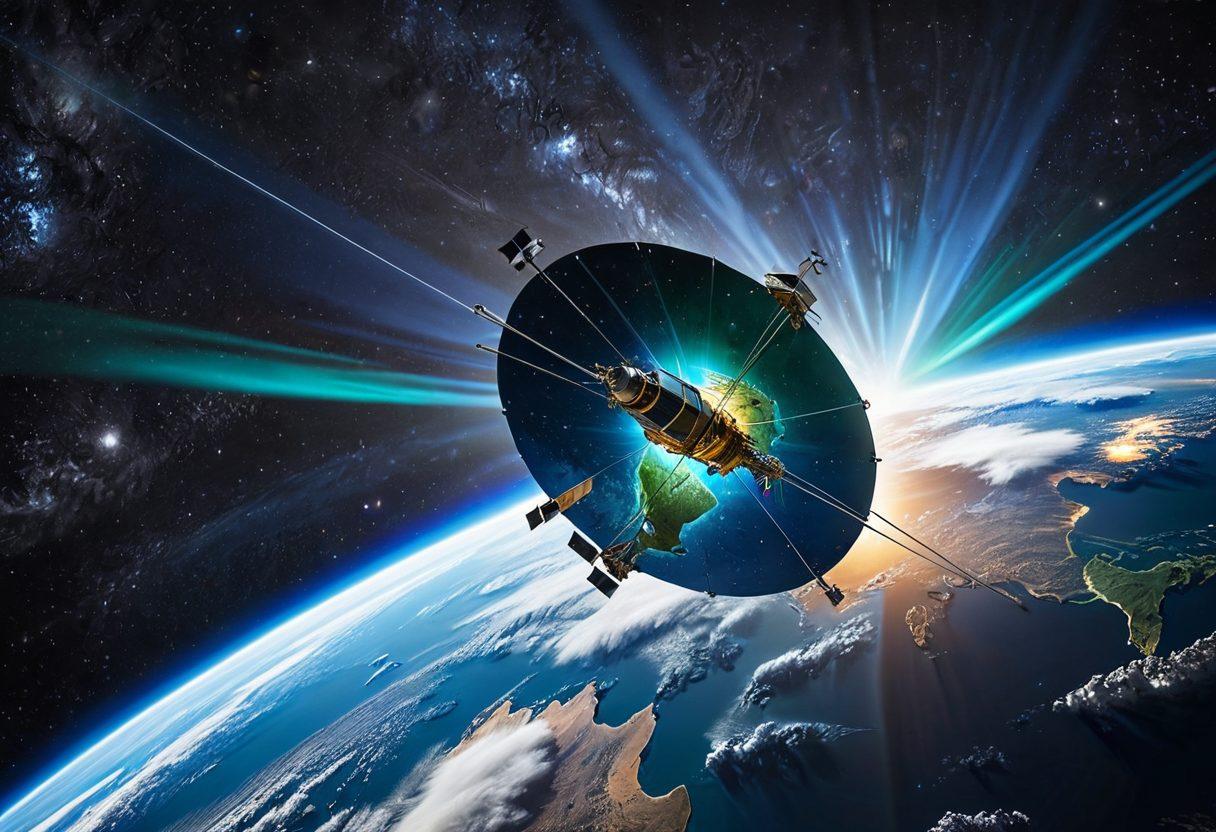 A futuristic satellite in orbit around Earth with vibrant rays of broadband signals radiating outward, connecting various technologies like smart homes and drones. In the background, a starry sky with planets visible, symbolizing the limitless potential of satellite communication. The Earth is depicted with glowing hotspots indicating active communication zones. Emphasize innovation and progress with a dynamic color palette. super-realistic. vibrant colors. 3D.