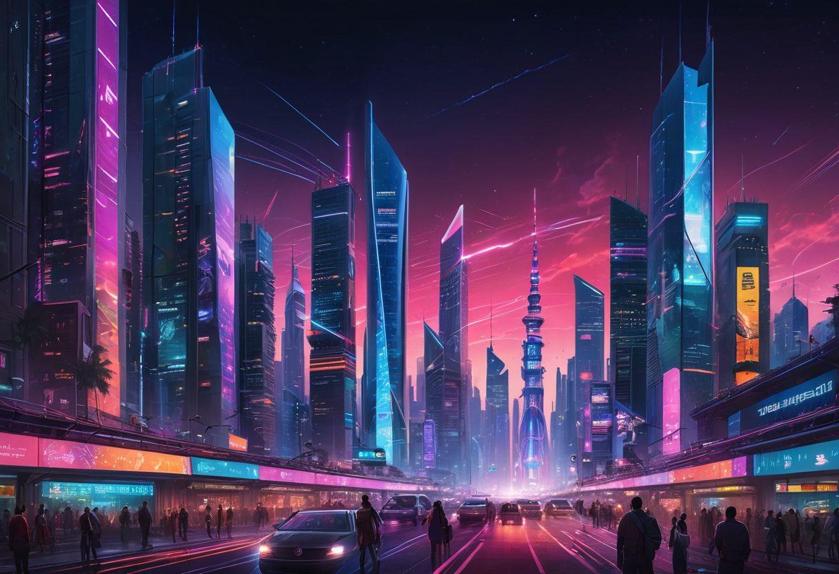 A futuristic landscape showcasing a vibrant city skyline with advanced telecom towers, digital screens displaying connectivity symbols, and satellite beams illuminating the night sky. In the foreground, diverse people using various devices like laptops and smartphones, connected through a glowing network. A sense of innovation and global connection is palpable. neon colors. cyberpunk. super-realistic.